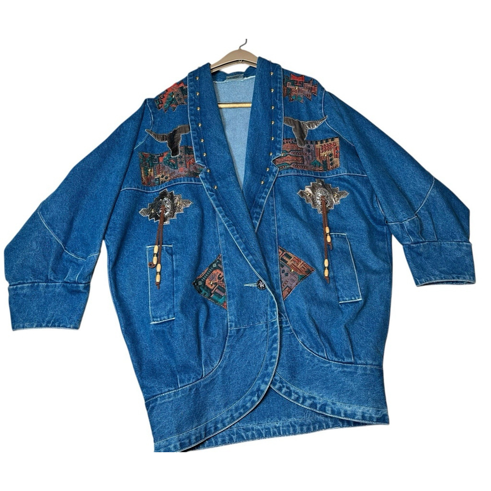 Vtg Designs Limited Denim Aztec Southwestern Cowboy Jean Jacket OVERSIZED SMALL